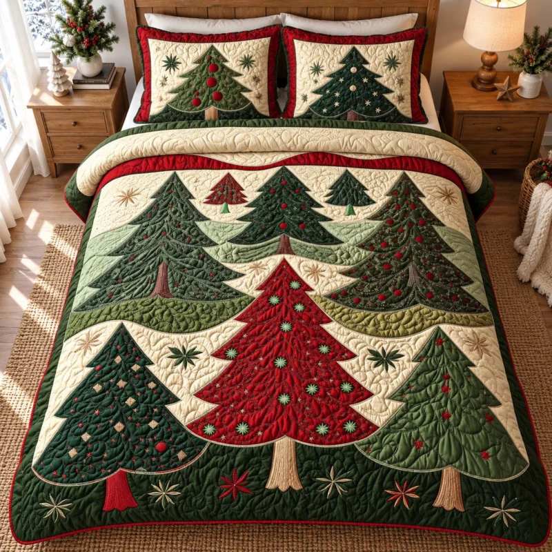 Classic Christmas Tree Patchwork Bamboo Quilt Bedding Set