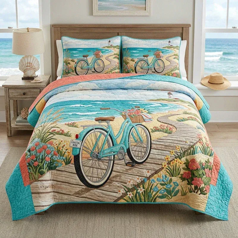 Coastal Bicycle Bamboo Quilt Bedding Set