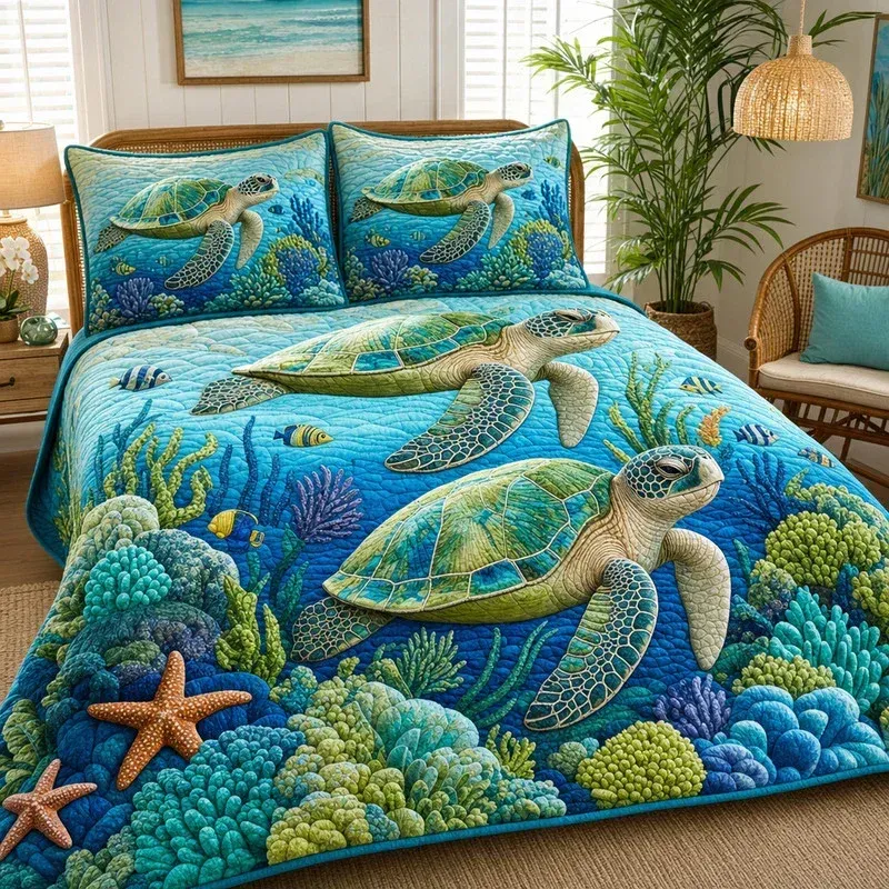 Coral Reef Turtle Bamboo Quilt Bedding Set