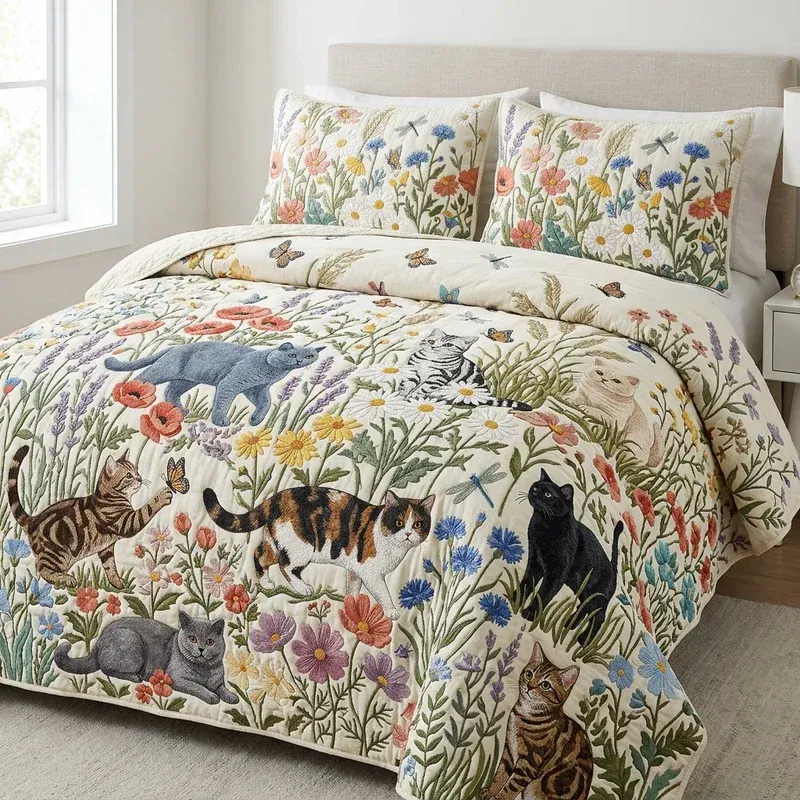Cottage Flora Kittens Bamboo Quilt Bedding Set