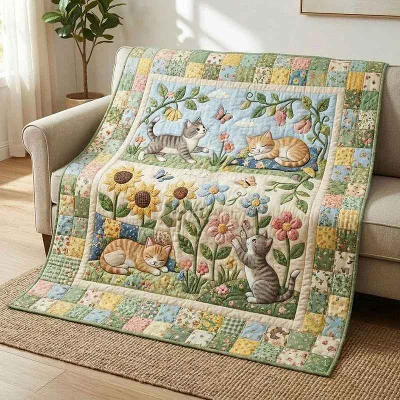 Cozy Patchwork Cat Bamboo Quilt Blanket