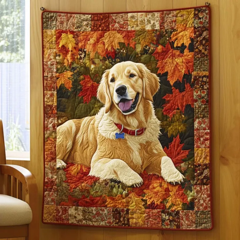 Cozy Fall Golden Retriever Bamboo Quilt Blanket