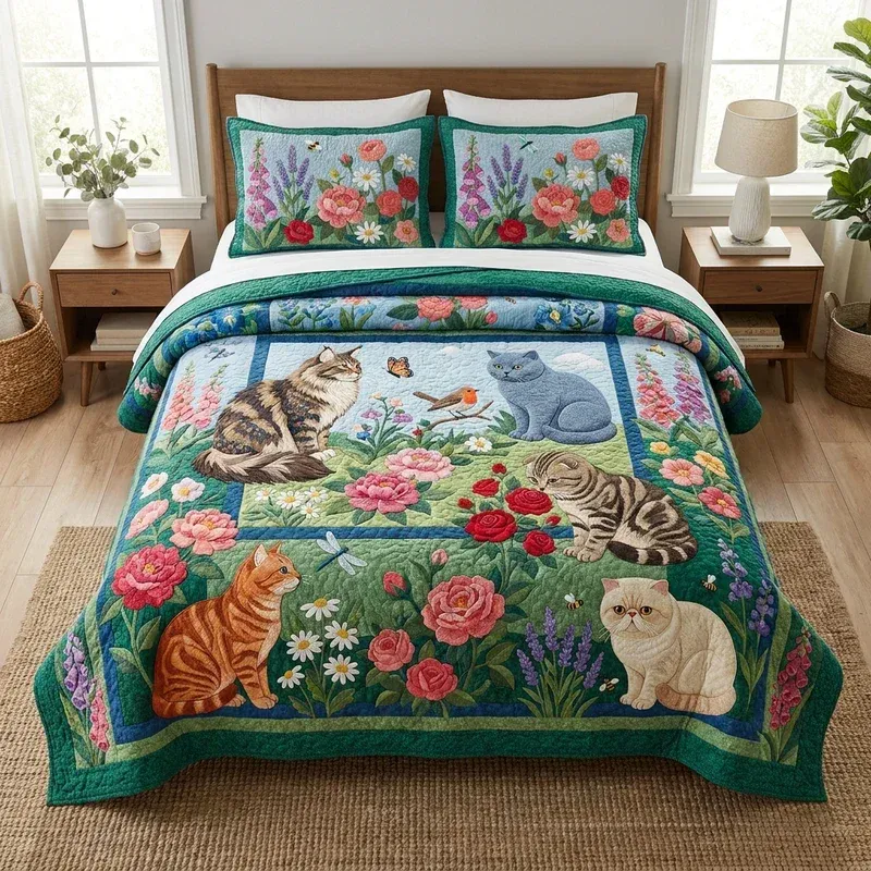 Emerald Eden Cat Bamboo Quilt Bedding Set
