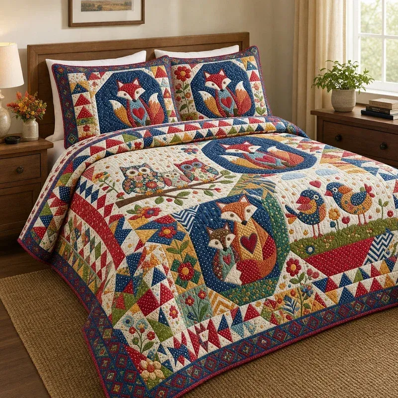 Fox Owl Medallion Bamboo Quilt Bedding Set