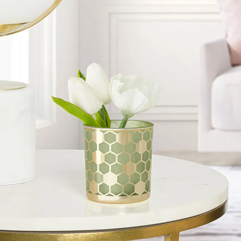 Honeycomb Gold Mirror 3x3" Glass Hurricane Vase - Green