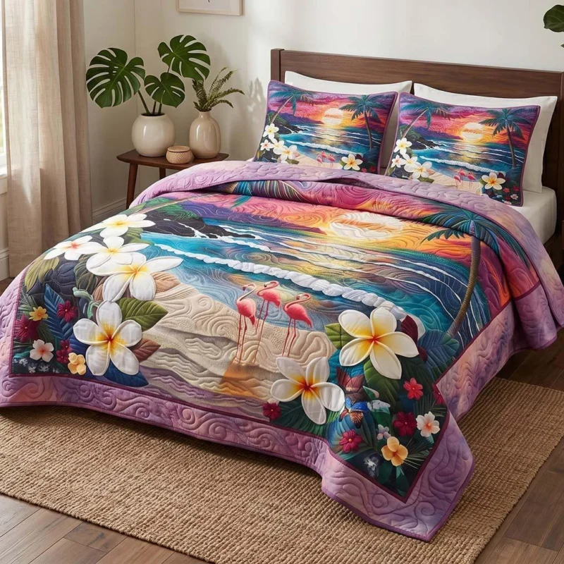 Island Flamingo Bamboo Quilt Bedding Set