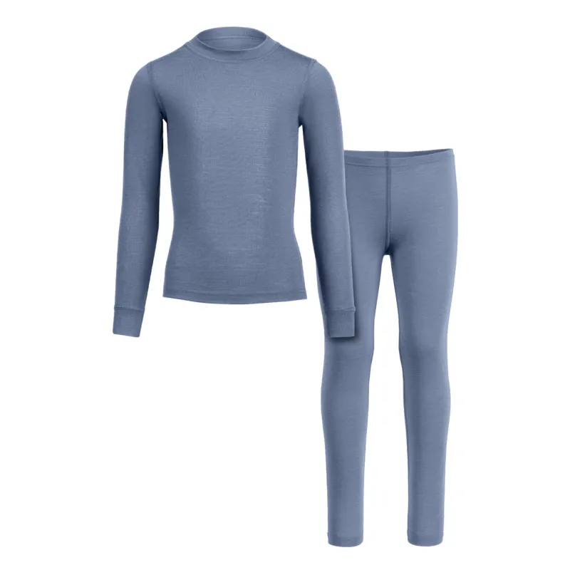 A front-view product shot of a children's two-piece base layer set featuring a long-sleeved top and leggings in a heathered dusty blue color. The top has a simple crew neckline and cuffed sleeves, while the leggings show an elastic waistband and a center front seam. The items are displayed flat against a pure white background, with the top on the left slightly overlapping the leggings on the right.