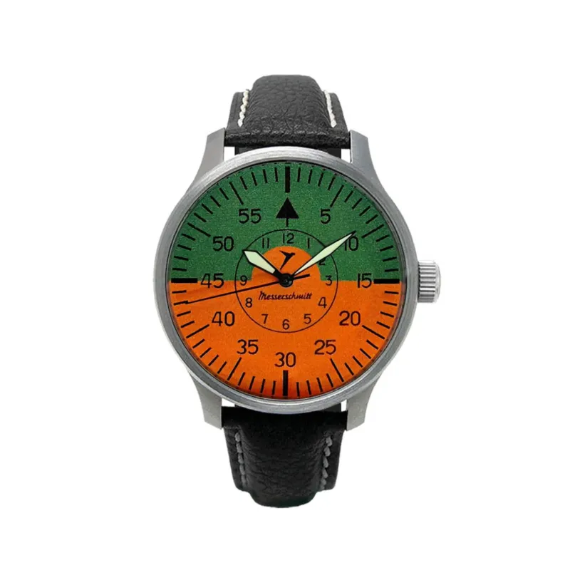 Herren-Fliegeruhr mit orange-grünem Zifferblatt, schwarzem Lederband und Metallgehäuse