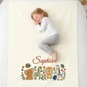 Safari Animal Embroidered Baby Cotton Blanket
