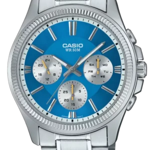 Casio Herrenuhr mit blauem Zifferblatt, Edelstahlarmband und runder Lünette