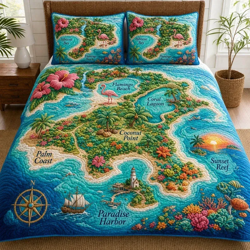 Nautical Route Island Bamboo Quilt Bedding Set