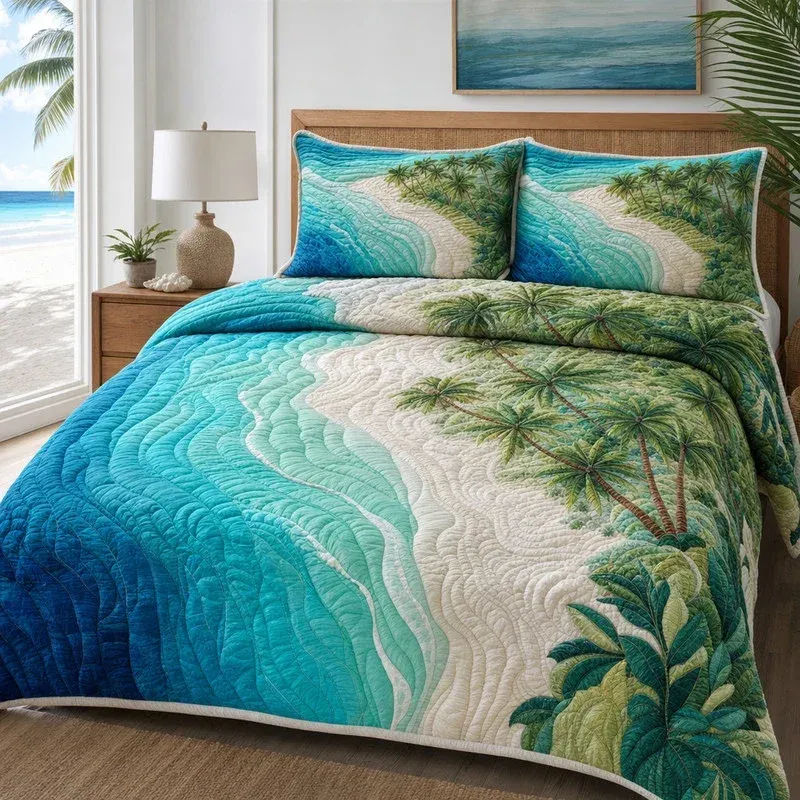Ocean Wave Tropical Bamboo Quilt Bedding Set