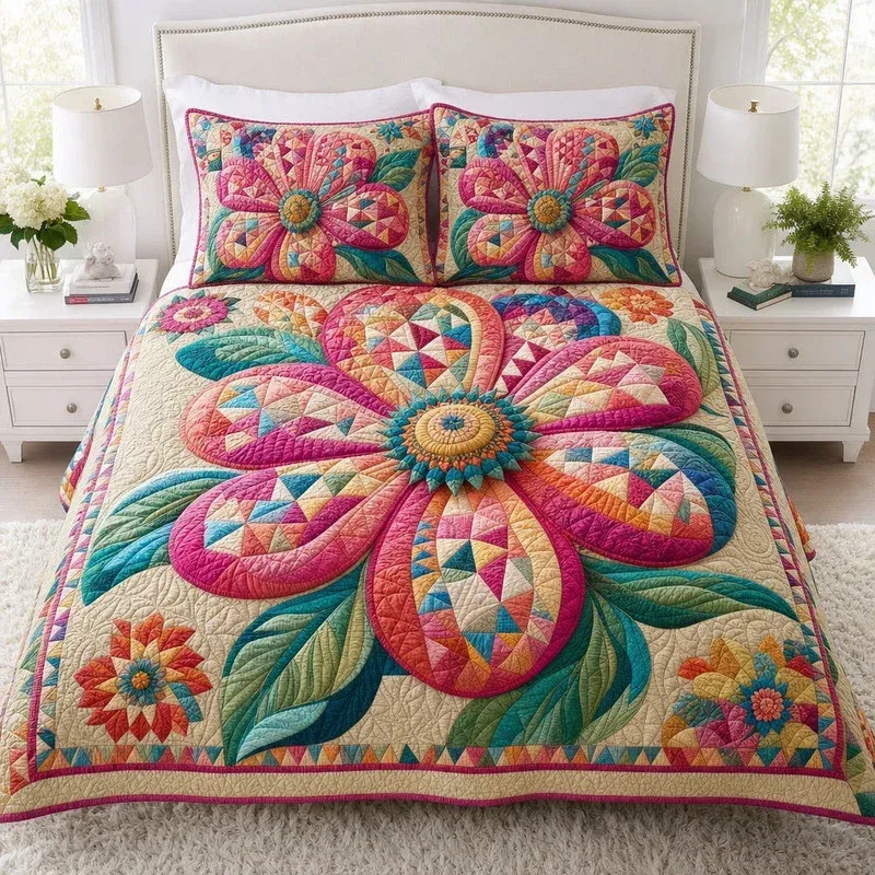 Odyssey Flower Patchwork Bamboo Quilt Bedding Set
