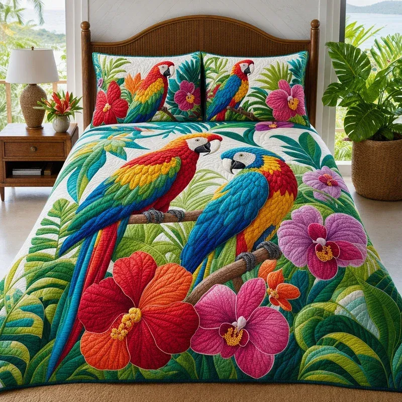 Parrot Hibicus Tropical Bamboo Quilt Bedding Set