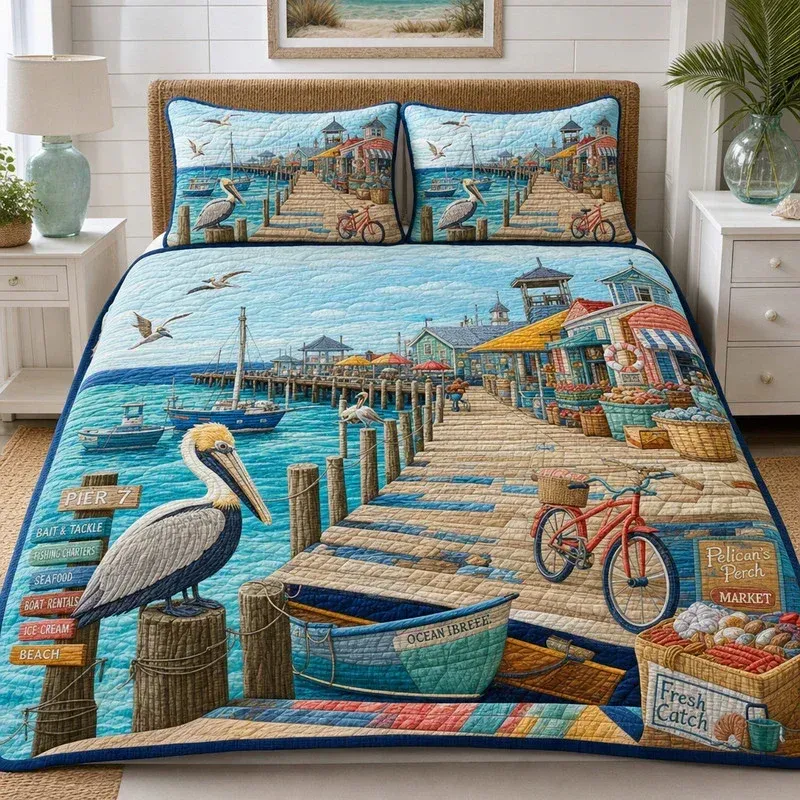 Pelican Harbor Pier Bamboo Quilt Bedding Set