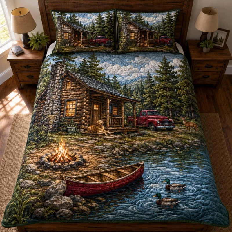 Rustic Log Cabin Bamboo Quilt Bedding Set