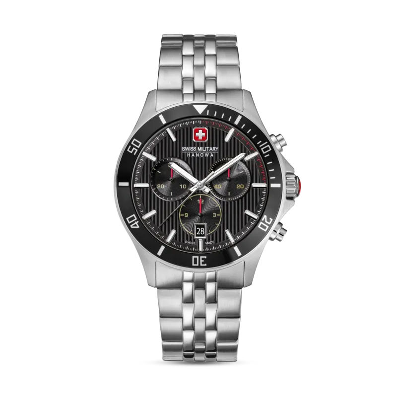 Herren-Chronographuhr mit Edelstahlarmband, schwarzem Zifferblatt und Saphirglas