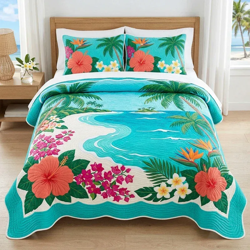Seaside Retreat Tropical Bamboo Quilt Bedding Set