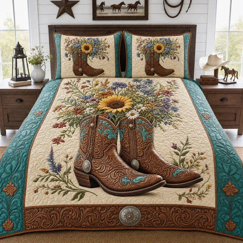 Sunflower Cowboy Boots Bamboo Quilt Bedding Set