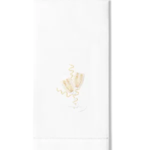Henry Handwork white linen hand towel with gold embroidered champagne flutes motif.