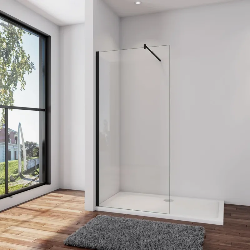 Walk In Duschtrennwand 50 x H.200 cm 8mm NANO Glas Schwarz Stabistange 70-120cm Duschhaus