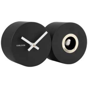 Duo-Wanduhr mit zwei runden schwarzen Zifferblättern und weißen Zeigern