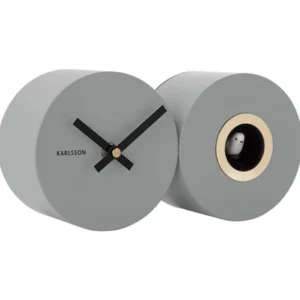 Duo-Wanduhr mit zwei grauen runden Zifferblättern und schwarzen Zeigern.