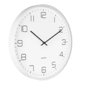 Weiße runde Wanduhr mit analogen Zeigern und Index-Ziffern