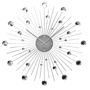 Große Wanduhr mit Strahlen-Design und silbernen Kristallkugeln, rundes Zifferblatt