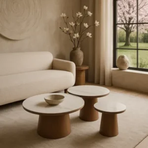 GAGAN Couchtisch Keramik Marmordesign Rund weiß Nussbaum