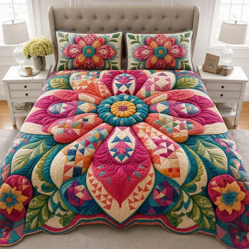 Whimsical Flower Patchwork Bamboo Quilt Bedding Set