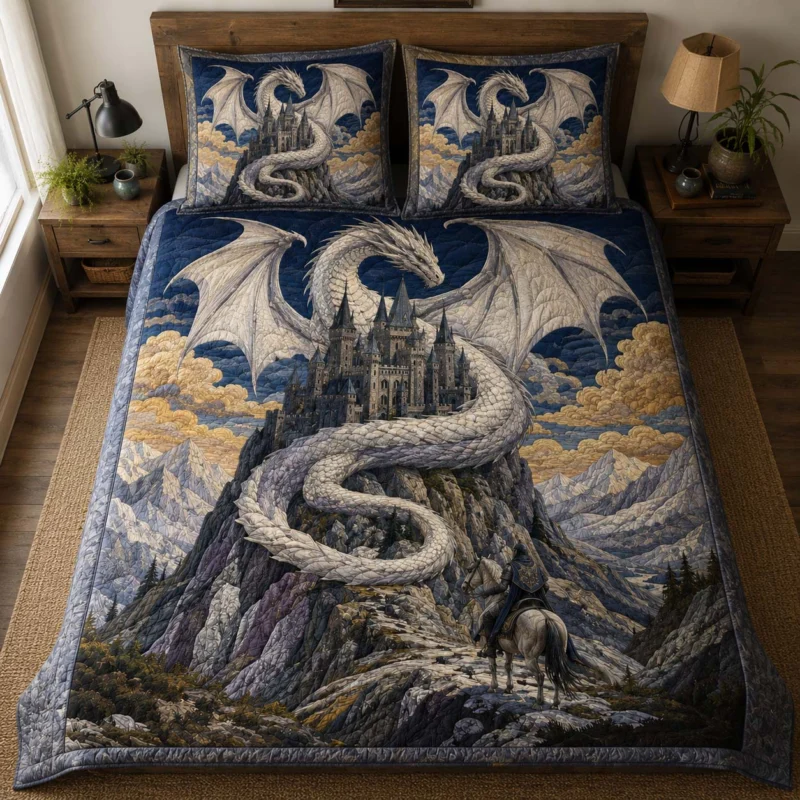 White Dragon Castle Guardian Bamboo Quilt Bedding Set