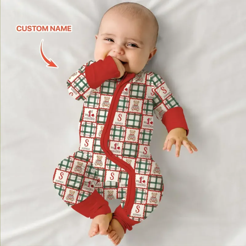 Custom Name Teddy Bear Gingham My 1st Christmas Bamboo Convertible Zippy