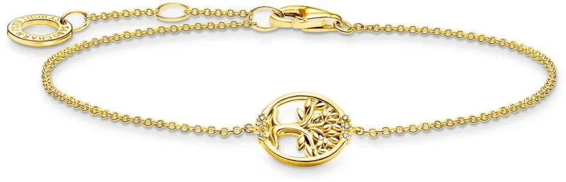 Goldfarbenes Armband mit rundem Anhänger, Baum-Motiv und weißen Steinen
