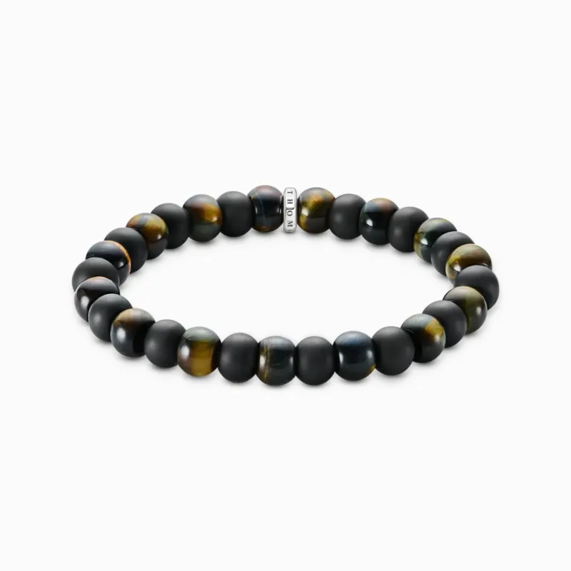 Perlenarmband mit schwarzen Steinperlen und Tigeraugen-Akzenten, mit Metall-Tag