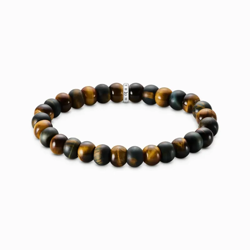 Beads-Armband aus Tigerauge mit blauen und goldbraunen Perlen sowie silbernem Element