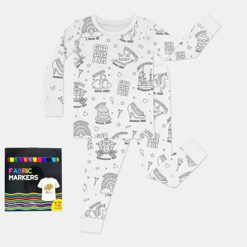 All Colorable Two Piece Long Sleeve Pajama Set , All Colorable Two Piece Long Sleeve Pajama Set - God Says I am Girl / 3T