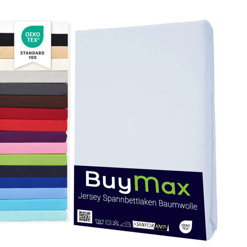 „Buymax Jersey-Spannbettlaken aus Baumwolle in Weiß, OEKO-TEX zertifiziert – erhältlich in verschiedenen Farben.“