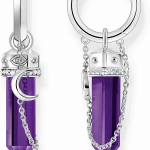 Creolen mit silberfarbenem Ring und lila Amethyst-Anhänger, Kette