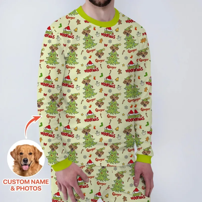 Custom Dog Photo Merry Woofmas Men's Pajama Set , Custom Dog Photo Merry Woofmas Men's Pajama Set - Only Shirt / XS
