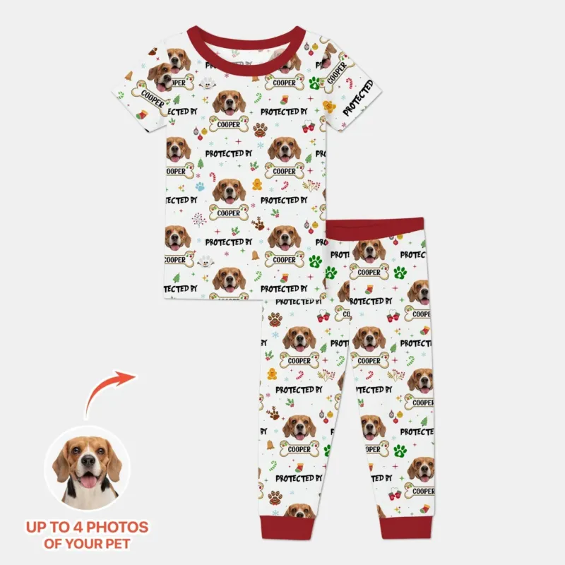 Custom Dog Photo "Protected By" Christmas Two Piece Short Sleeve Pajama Set , Custom Dog Photo "Protected By" Christmas Two Piece Short Sleeve Pajama Set - 12-18M