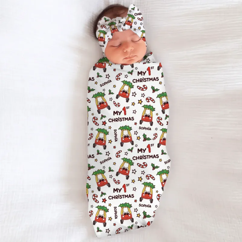 Custom Name Baby Car My 1st Christmas Swaddle Blanket , Custom Name Baby Car My 1st Christmas Swaddle Blanket - Default Title