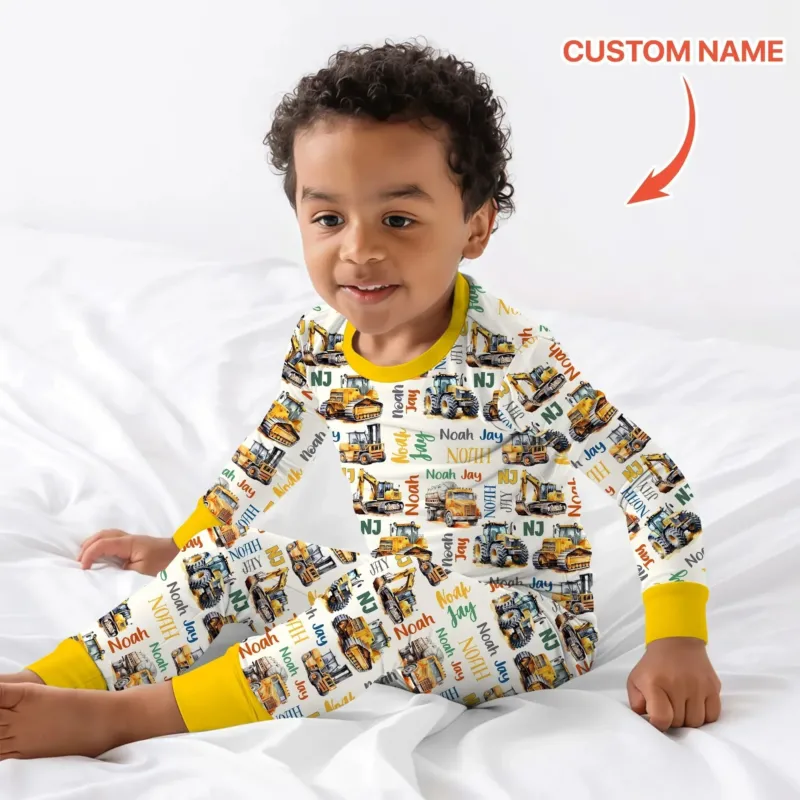 Custom Name Construction Trucks Two Piece Long Sleeve Pajama Set , Custom Name Construction Trucks Two Piece Long Sleeve Pajama Set - 12-18M
