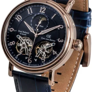Herrenarmbanduhr mit dunkelblauem Zifferblatt, Mondphase, Skelettwerk und Lederarmband