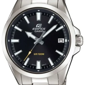 Casio Edifice Herrenuhr mit silbernem Edelstahlband und dunklem Zifferblatt, WR100M
