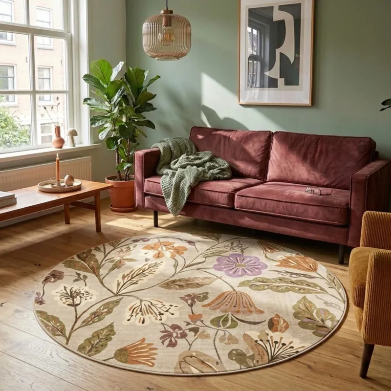 Round washable rug - Misty Flowers Cream