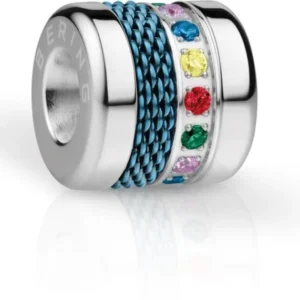 Bering Jewelry Edelstahl-Charm mit blauem Geflecht und bunten Ziersteinen im Kreisring