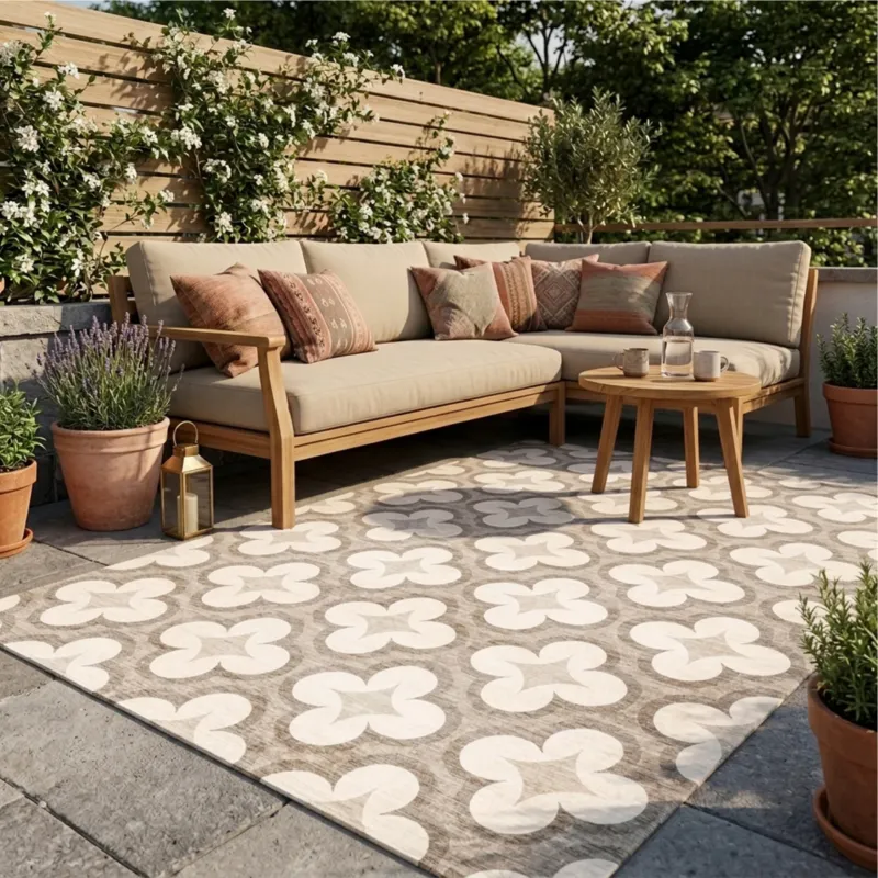 Geometrischer Outdoor Teppich - Mosaic Clover Creme