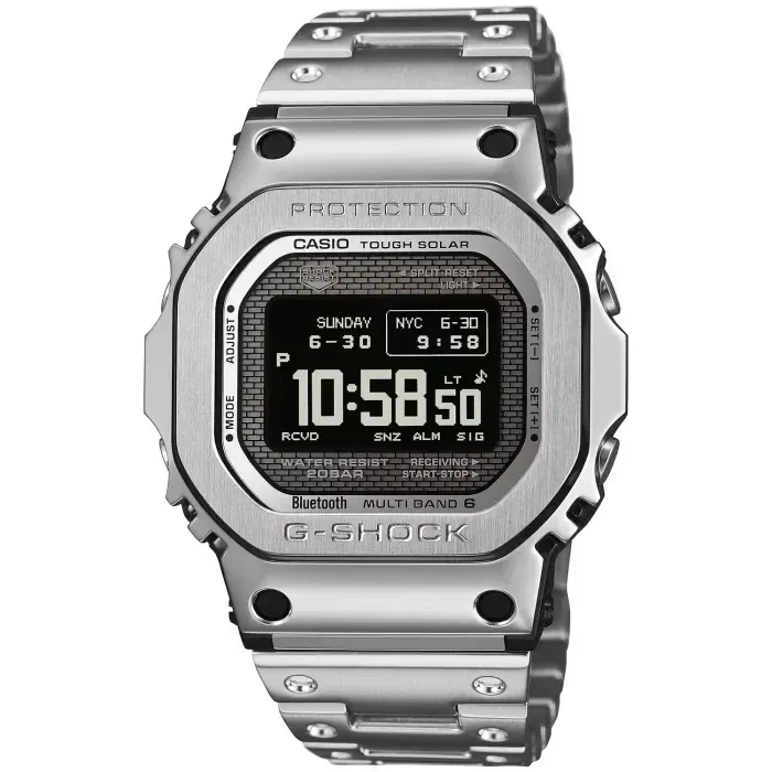 Casio G-Shock Herrenarmbanduhr GMW-BZ5000D-1ER, silberne Vollmetall-Uhr mit schwarzem Digitaldisplay