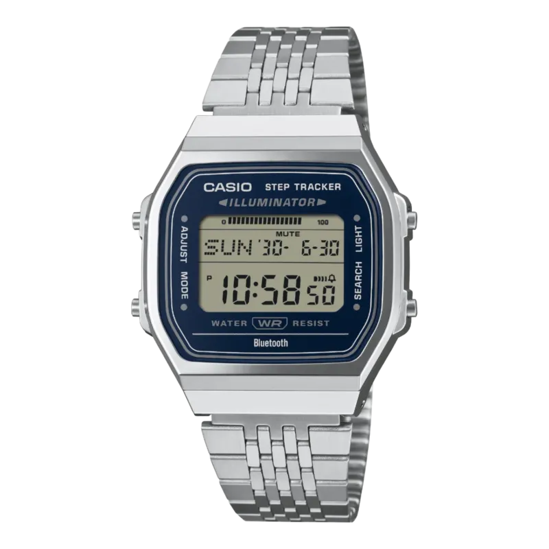 Casio Vintage ABL-100WE-2AEF digitale Armbanduhr mit silbernem Metallband und blauem Display